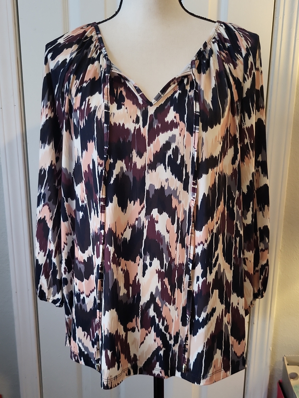 Multiples Abstract Print Split-Neck Tunic in Navy, Blush, Cream, Brown